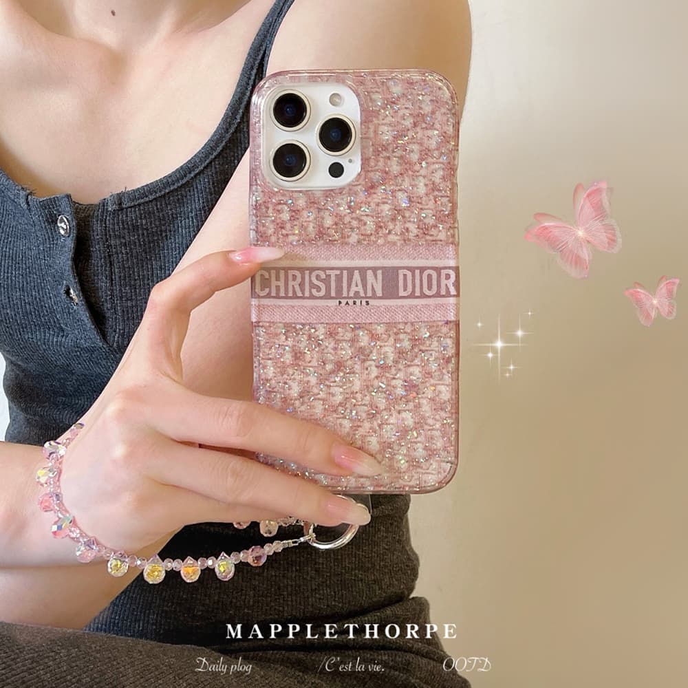 Dior Pink Glitter Oblique Pattern with CHRISTIAN DIOR PARIS Branding iPhone Case
