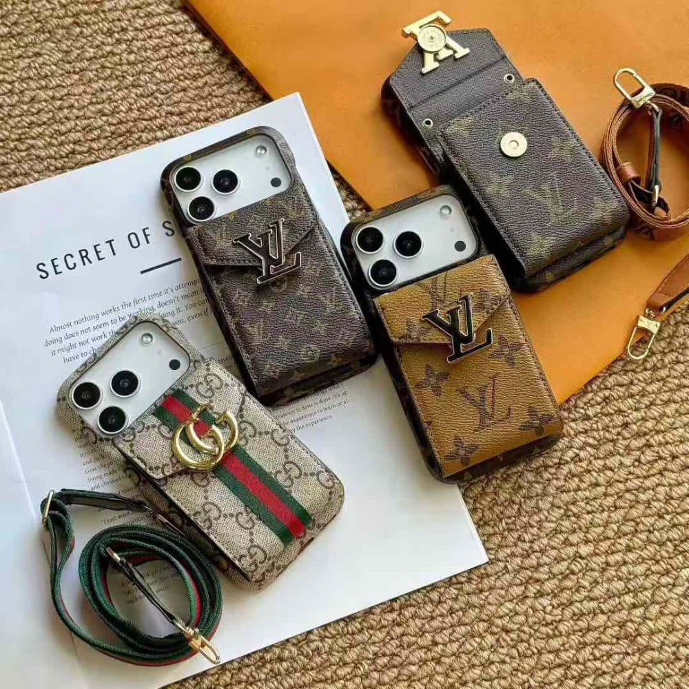 Gucci & LV Vertical Accordion Card Holder Oversized Metal Logo iPhone Case