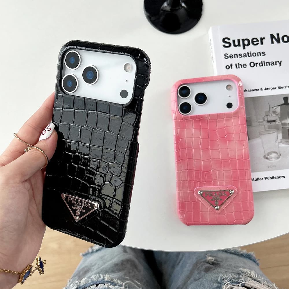 Prada Crocodile Texture with Metal Triangle Logo iPhone Case