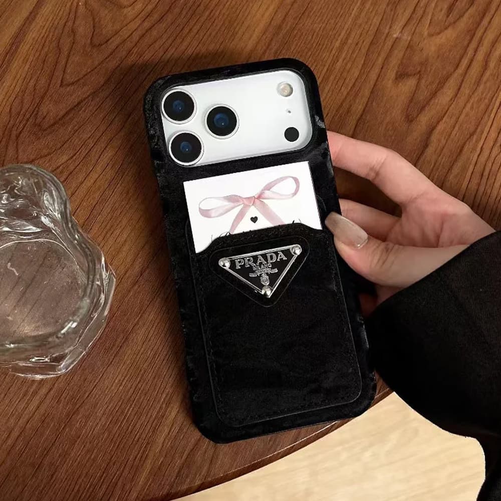 Prada Velvet Finish with Metal Triangle Logo & Card Slot iPhone Case