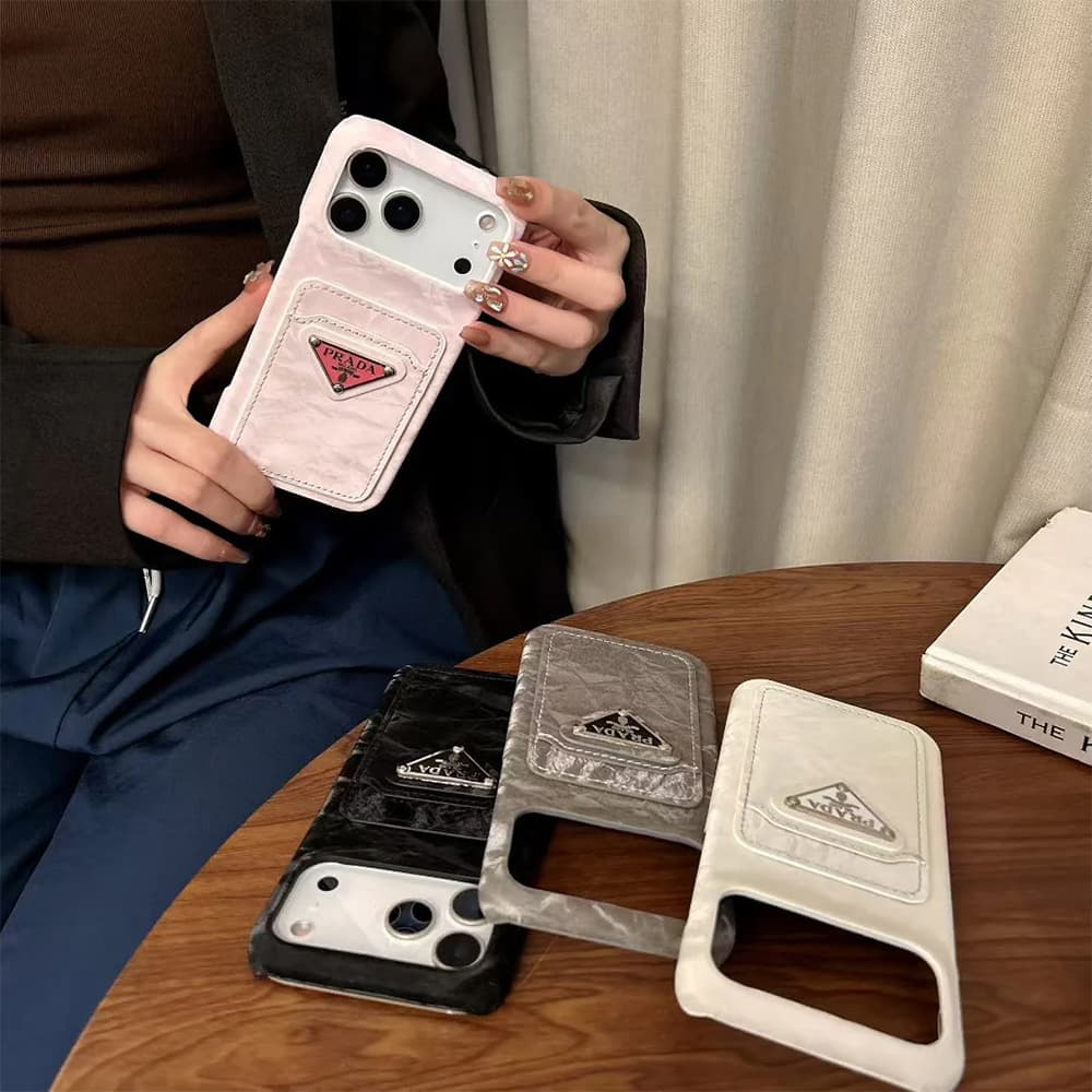 Prada Velvet Finish with Metal Triangle Logo & Card Slot iPhone Case