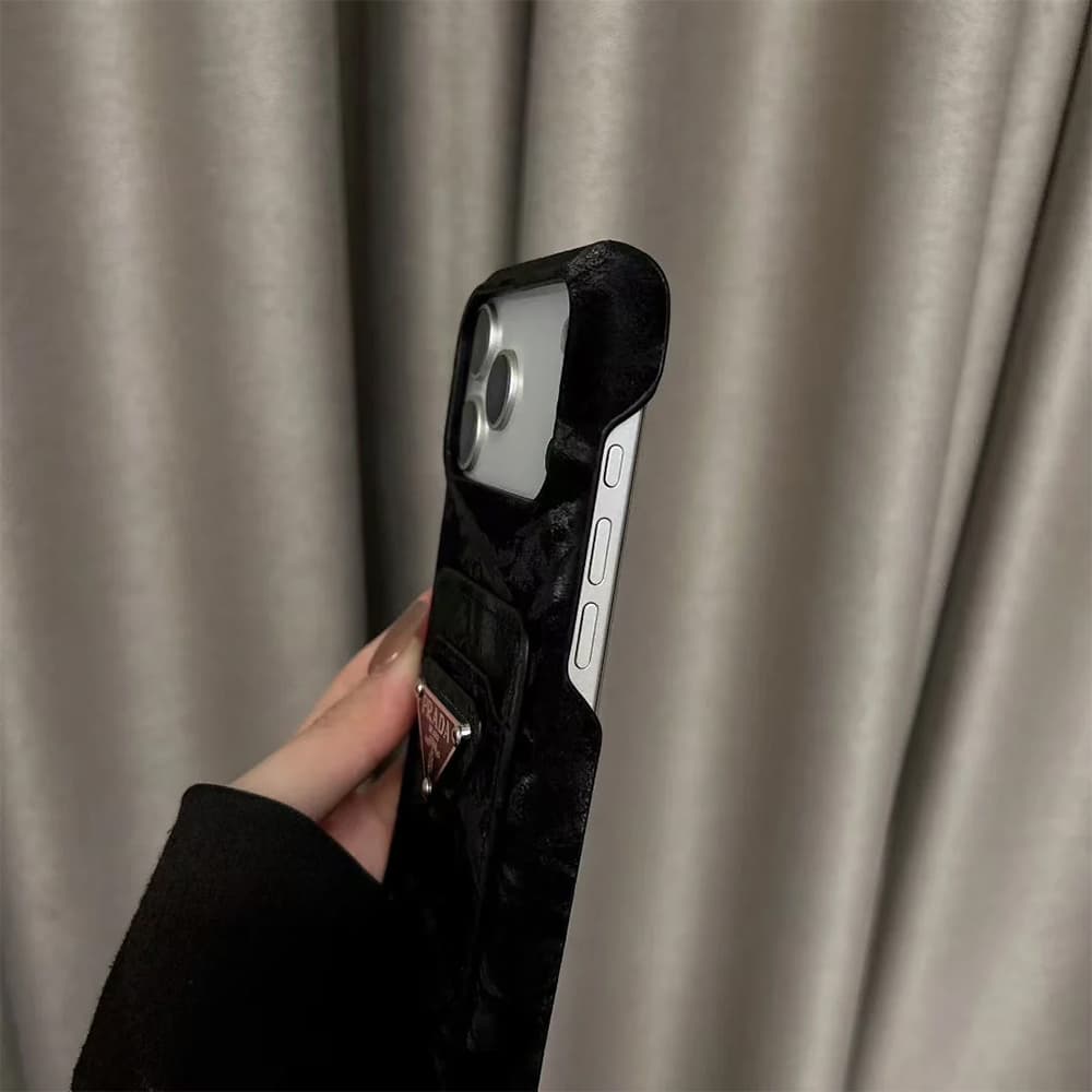 Prada Velvet Finish with Metal Triangle Logo & Card Slot iPhone Case