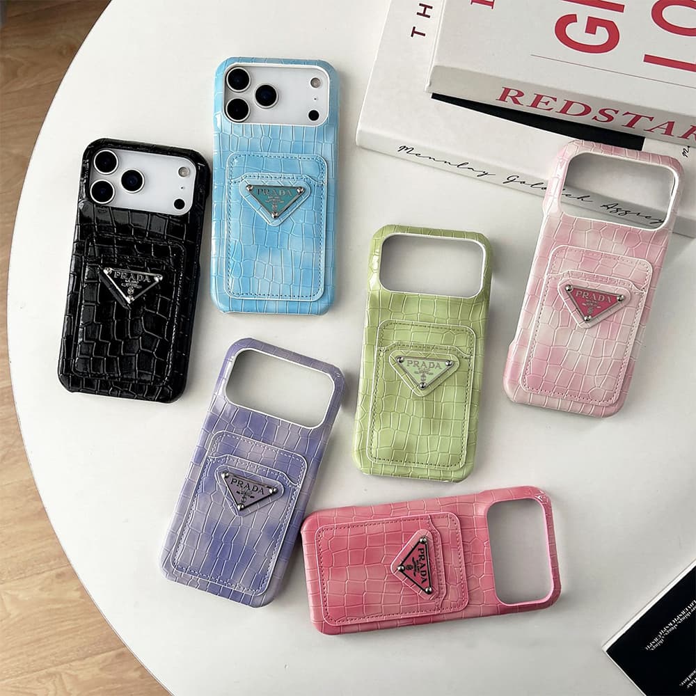 Prada Crocodile Embossed with Metal Triangle Logo & Card Slot iPhone Case