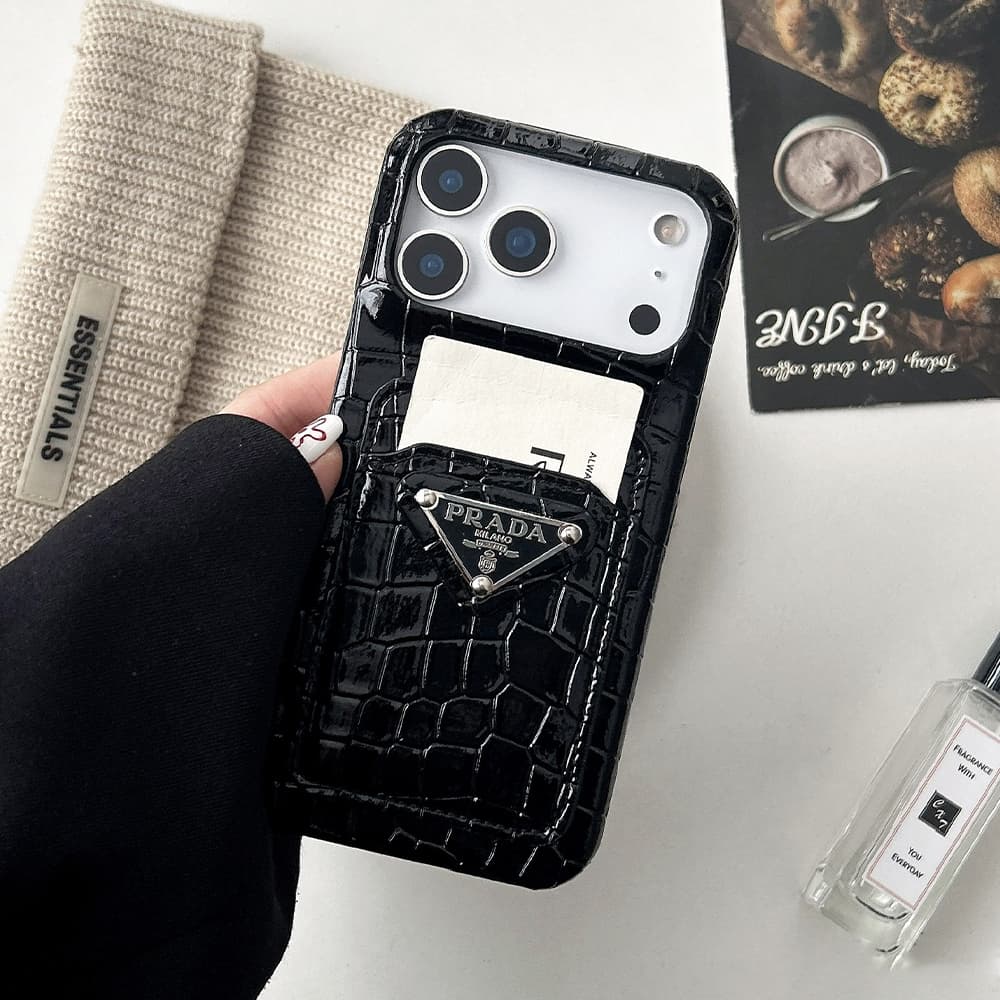 Prada Crocodile Embossed with Metal Triangle Logo & Card Slot iPhone Case