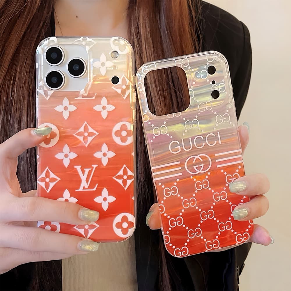 Gucci & LV Transparent with Orange Gradient & Brand Patterns iPhone Case