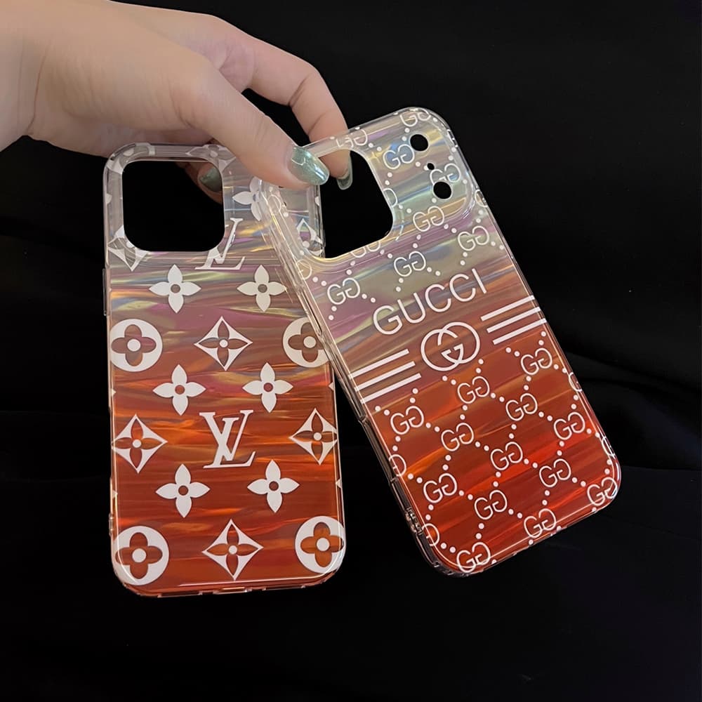 Gucci & LV Transparent with Orange Gradient & Brand Patterns iPhone Case