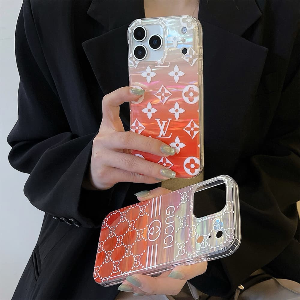 Gucci & LV Transparent with Orange Gradient & Brand Patterns iPhone Case