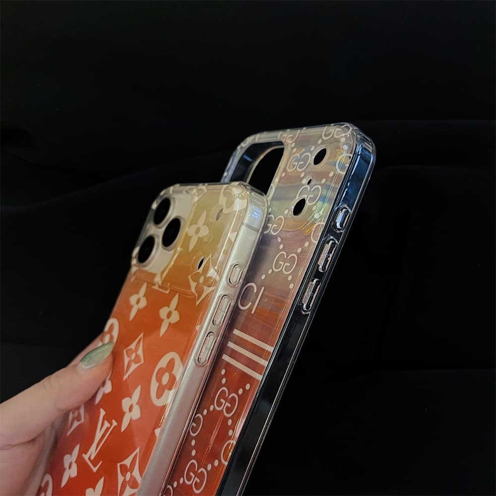 Gucci & LV Transparent with Orange Gradient & Brand Patterns iPhone Case