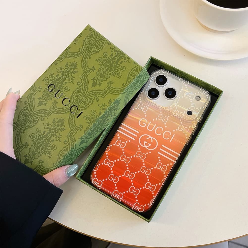 Gucci & LV Transparent with Orange Gradient & Brand Patterns iPhone Case