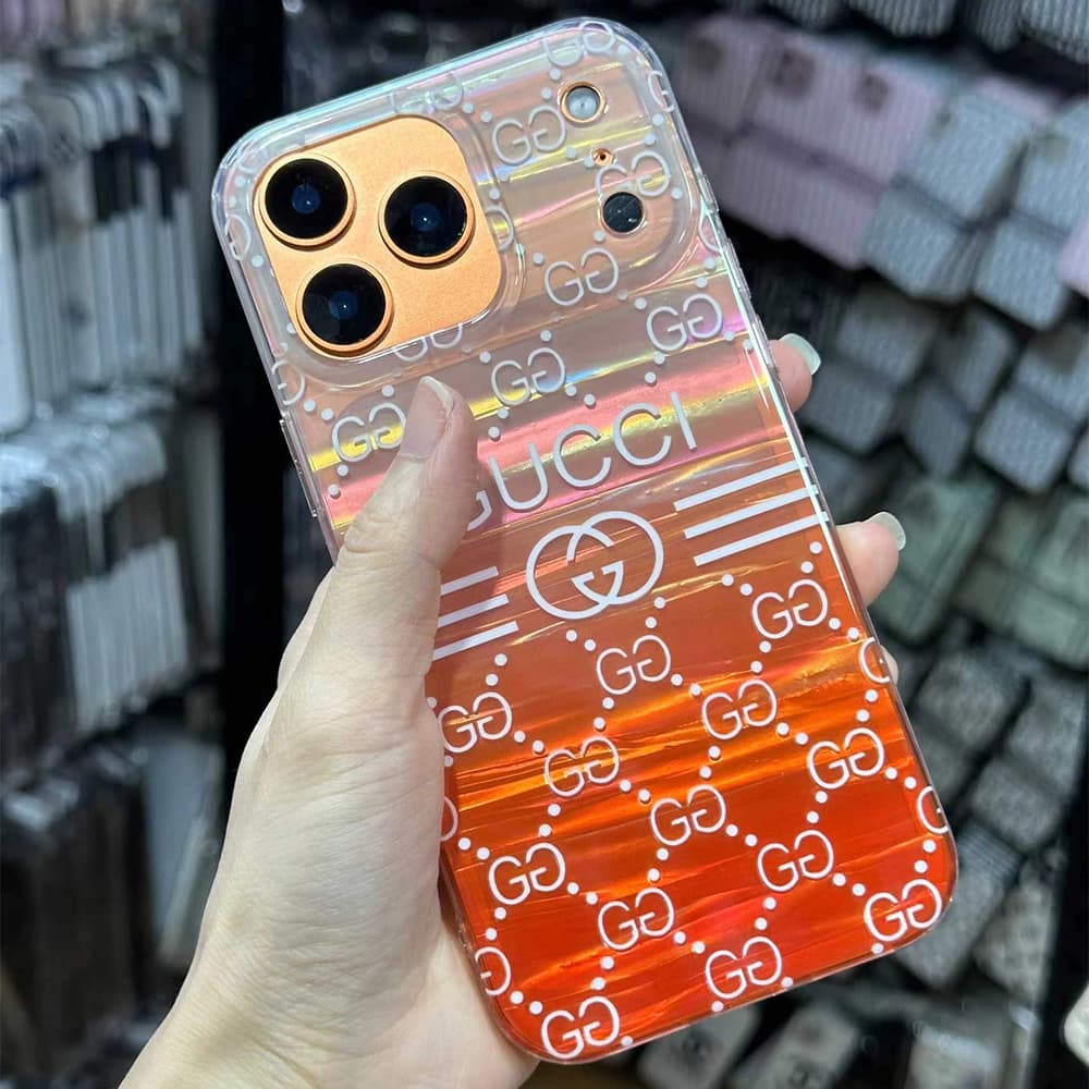 Gucci & LV Transparent with Orange Gradient & Brand Patterns iPhone Case