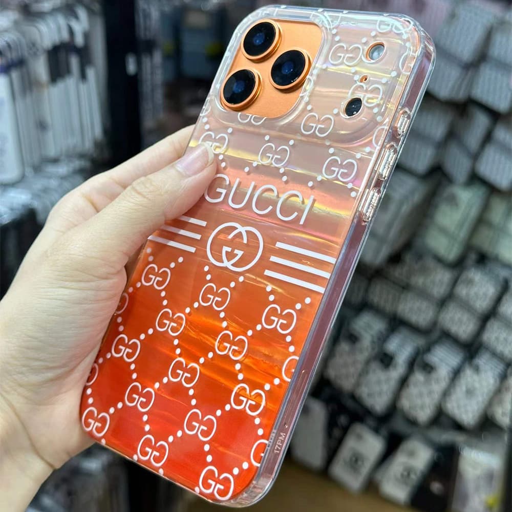 Gucci & LV Transparent with Orange Gradient & Brand Patterns iPhone Case