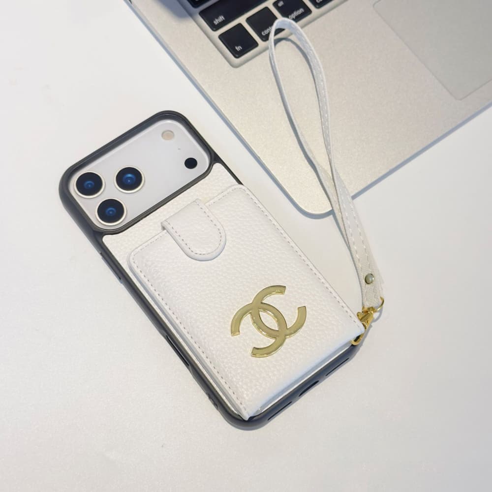 Chanel CC Logo with Flip Card Holder & Strap iPhone Case