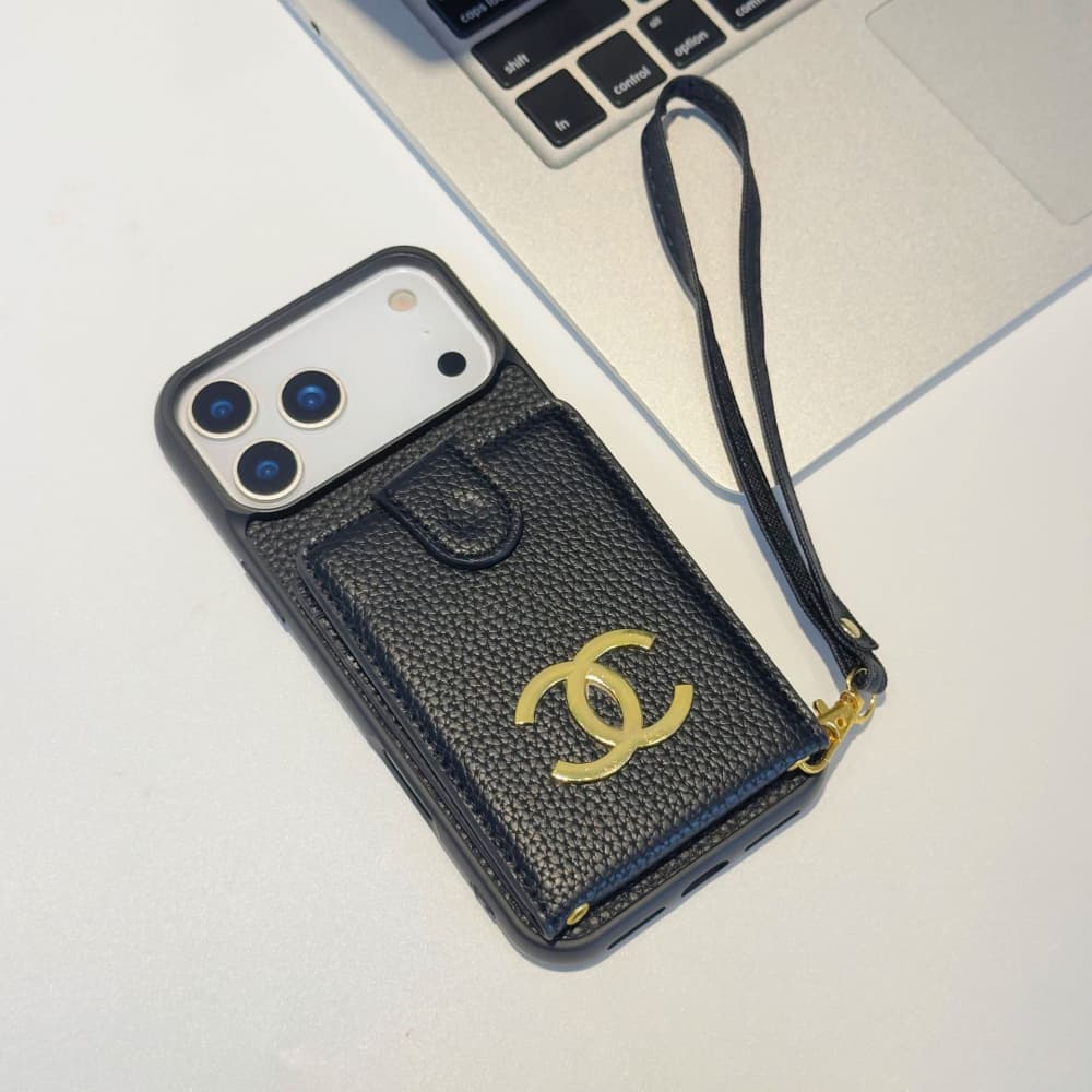 Chanel CC Logo with Flip Card Holder & Strap iPhone Case