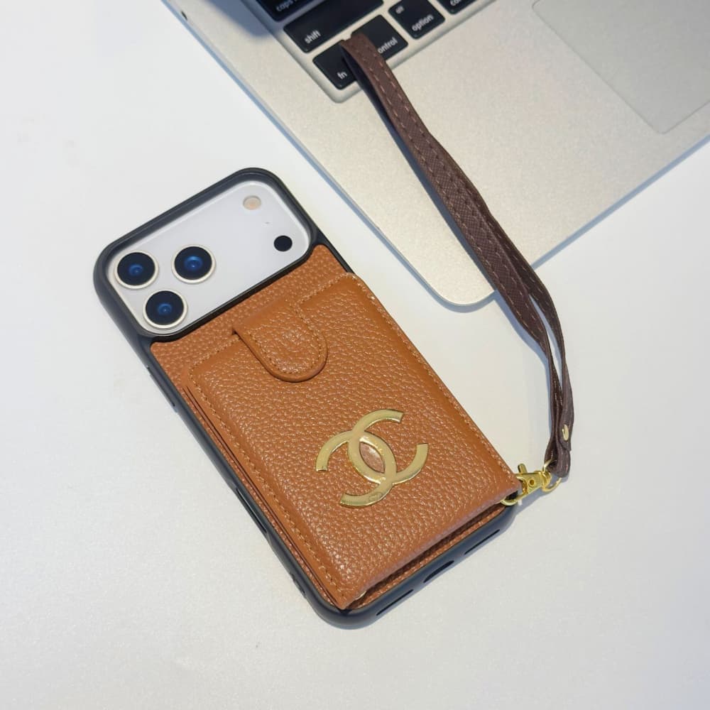 Chanel CC Logo with Flip Card Holder & Strap iPhone Case