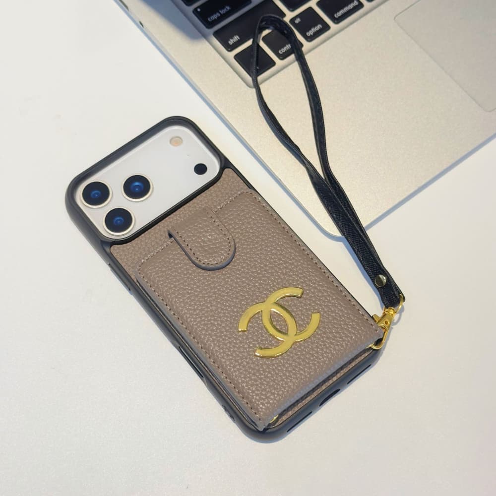 Chanel CC Logo with Flip Card Holder & Strap iPhone Case