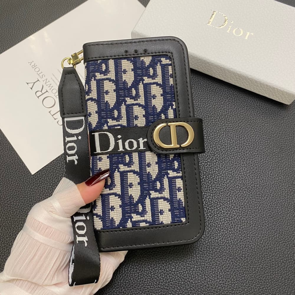 Dior Oblique Pattern with Flip Wallet & Metal CD Clasp iPhone Galaxy Case