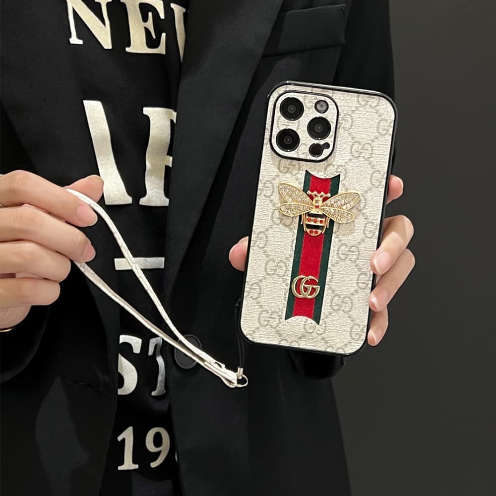 Gucci GG Pattern with Bee Charm & Web Strap iPhone Case