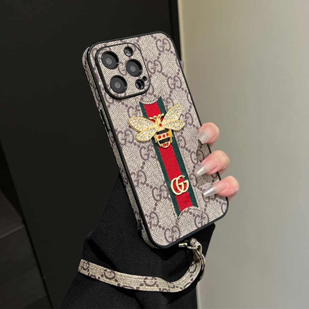 Gucci GG Pattern with Bee Charm & Web Strap iPhone Case