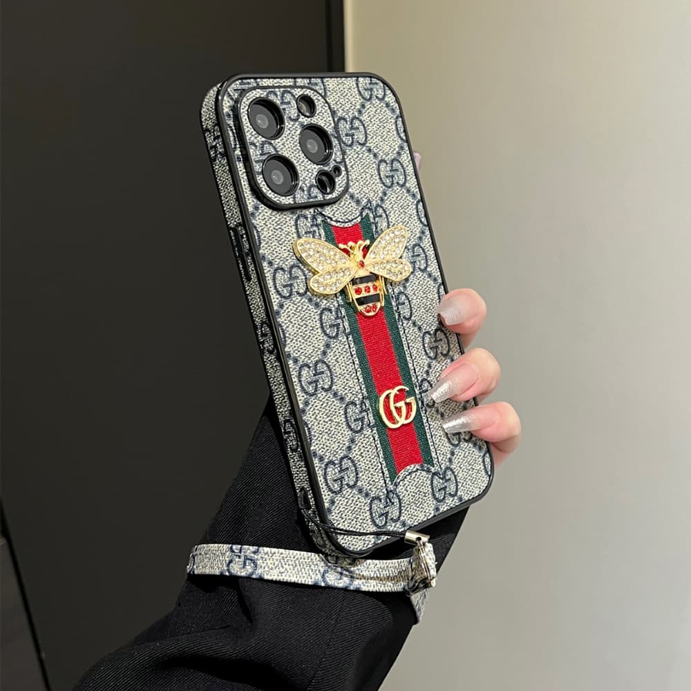 Gucci GG Pattern with Bee Charm & Web Strap iPhone Case