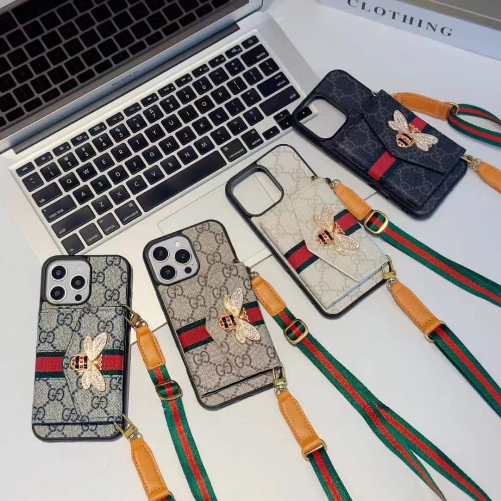 Gucci GG Pattern with Bee Charm, Card Holder & Adjustable Strap iPhone Case
