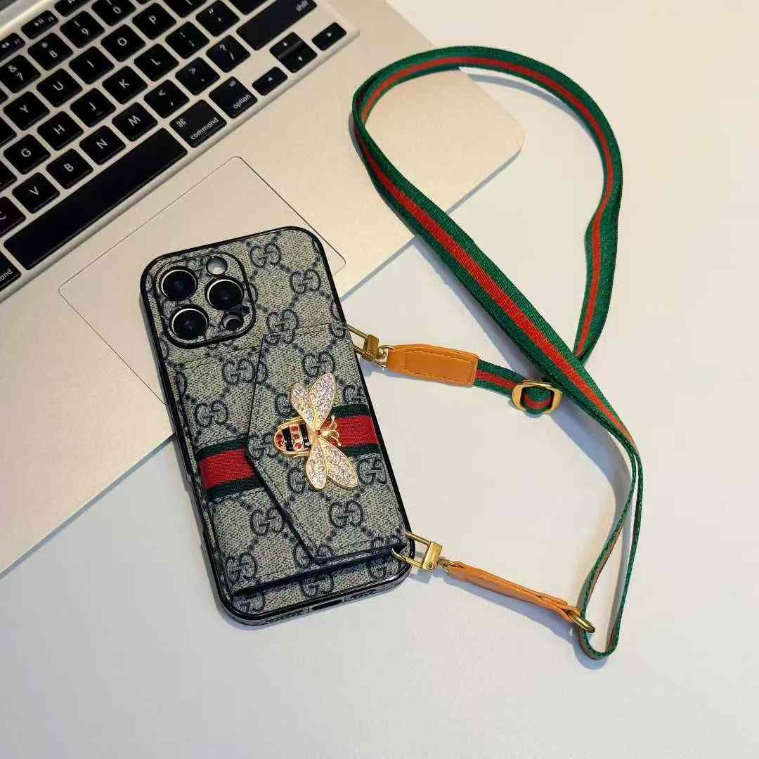Gucci GG Pattern with Bee Charm, Card Holder & Adjustable Strap iPhone Case
