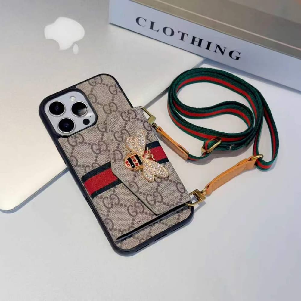 Gucci GG Pattern with Bee Charm, Card Holder & Adjustable Strap iPhone Case