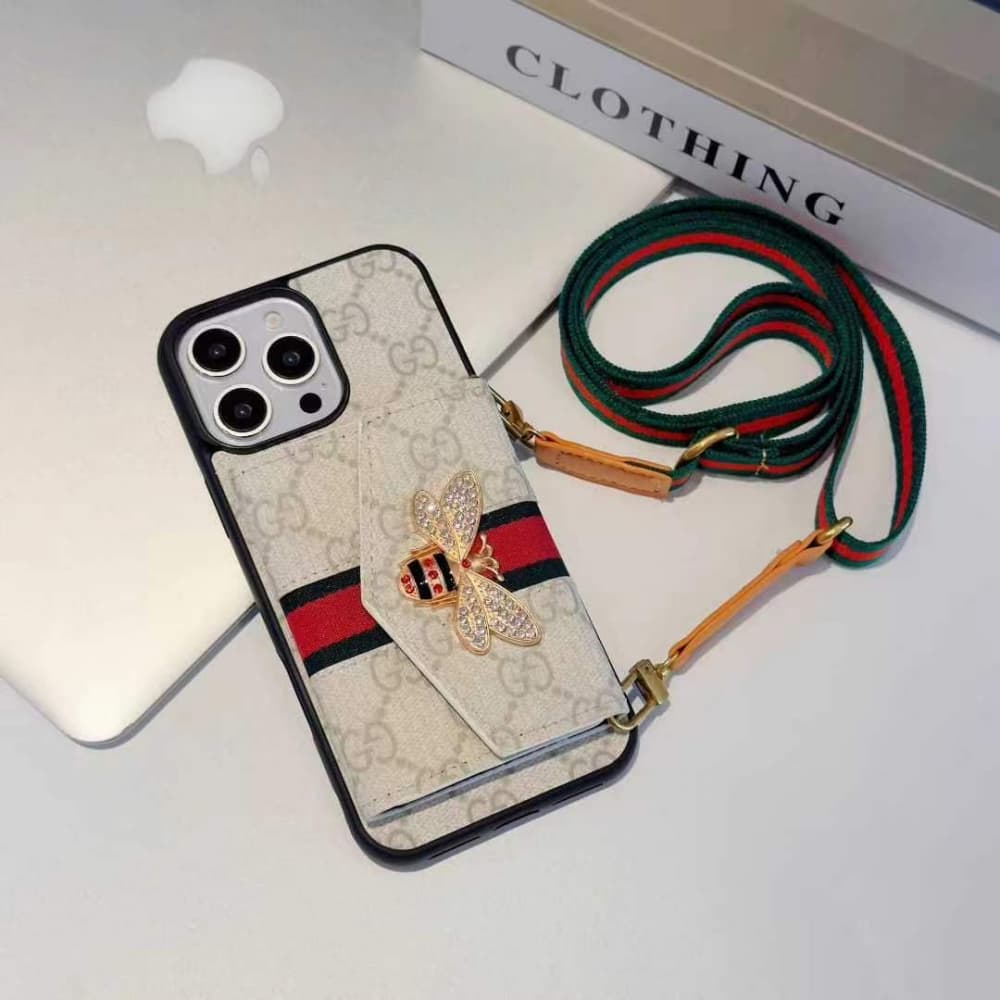 Gucci GG Pattern with Bee Charm, Card Holder & Adjustable Strap iPhone Case