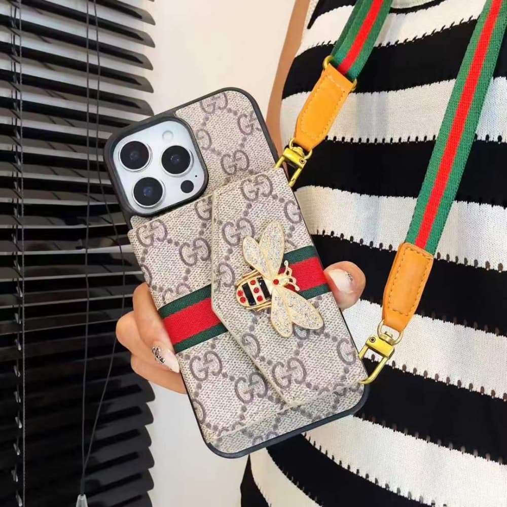 Gucci GG Pattern with Bee Charm, Card Holder & Adjustable Strap iPhone Case
