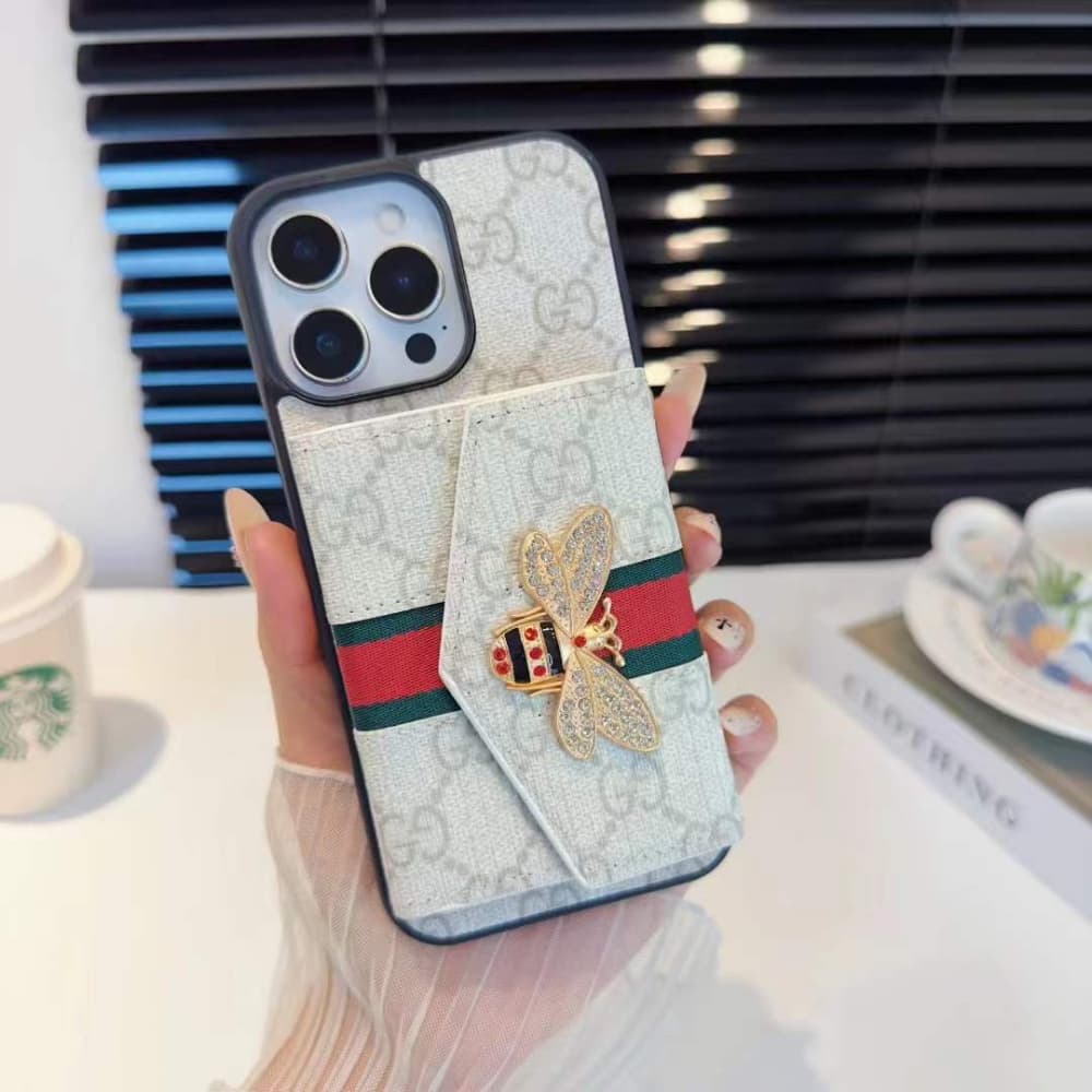 Gucci GG Pattern with Bee Charm, Card Holder & Adjustable Strap iPhone Case