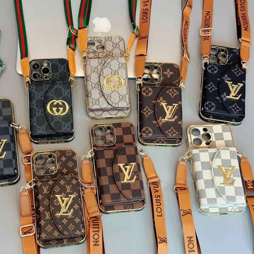 LV & Gucci Crossbody Strap & Card Holder Built-in Mirror iPhone Case