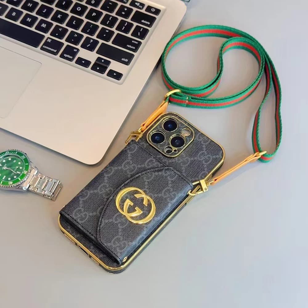 LV & Gucci Crossbody Strap & Card Holder Built-in Mirror iPhone Case