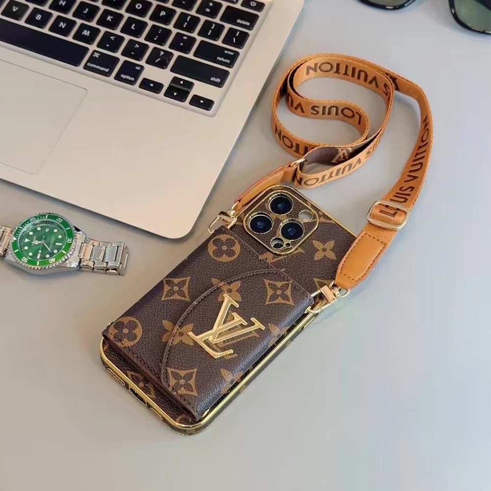 LV & Gucci Crossbody Strap & Card Holder Built-in Mirror iPhone Case