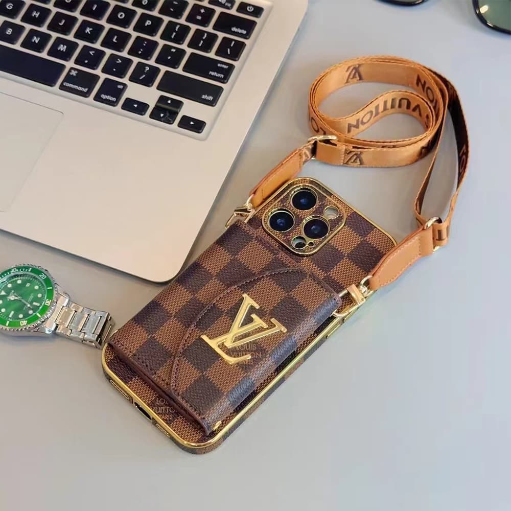 LV & Gucci Crossbody Strap & Card Holder Built-in Mirror iPhone Case
