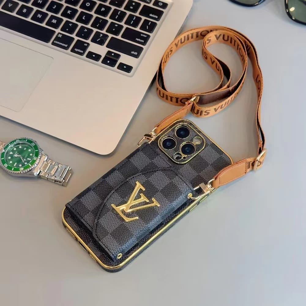 LV & Gucci Crossbody Strap & Card Holder Built-in Mirror iPhone Case