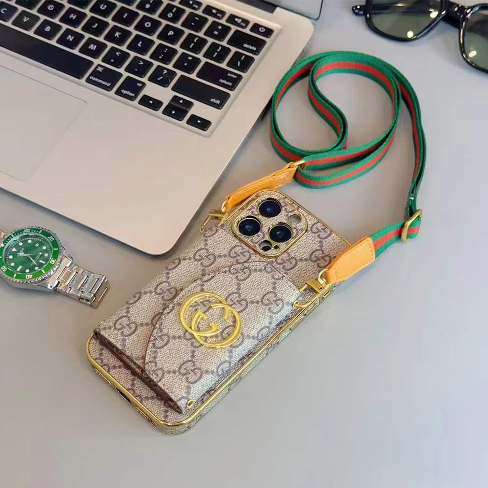 LV & Gucci Crossbody Strap & Card Holder Built-in Mirror iPhone Case