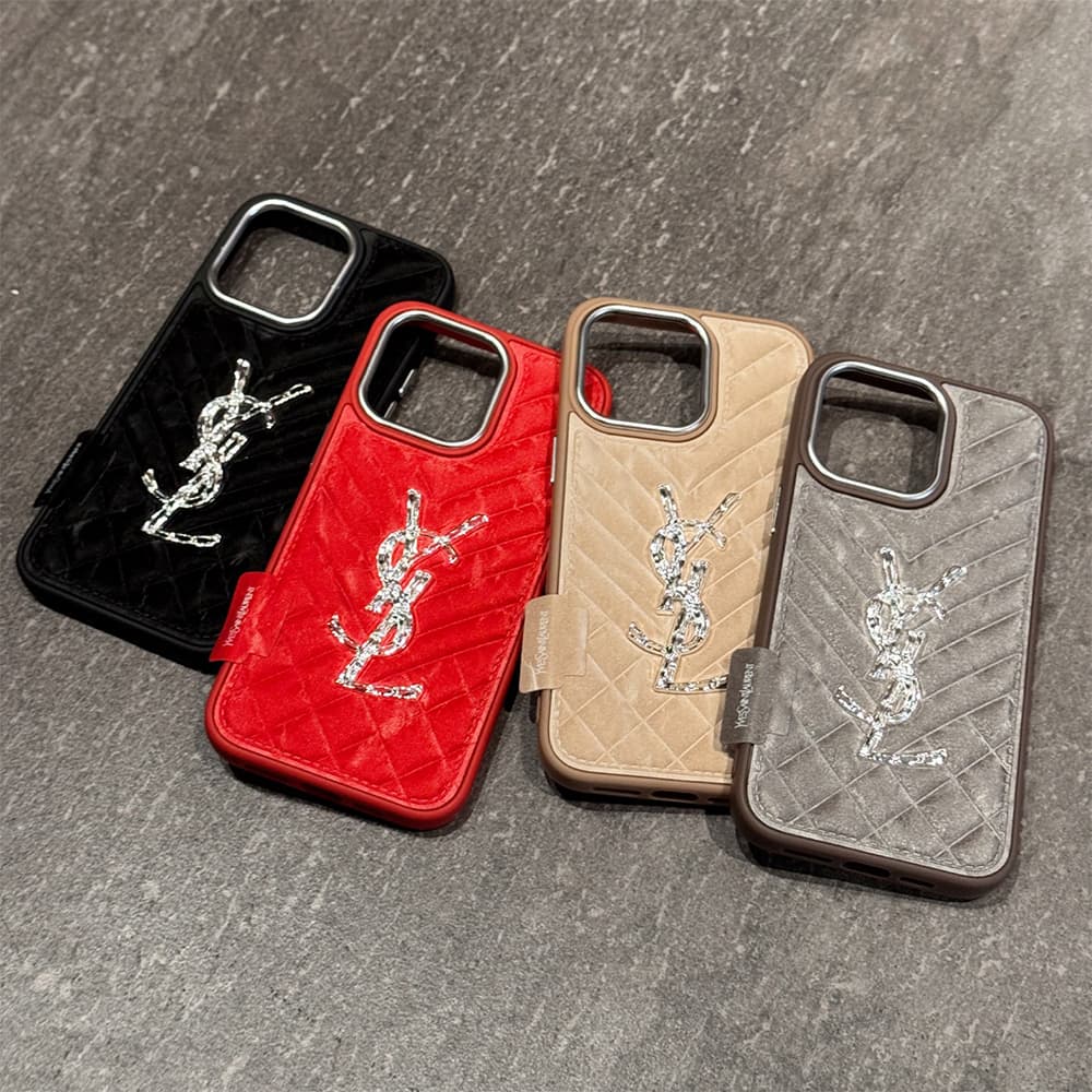 YSL Velvet Finish Silver Logo Quilted Pattern iPhone Case
