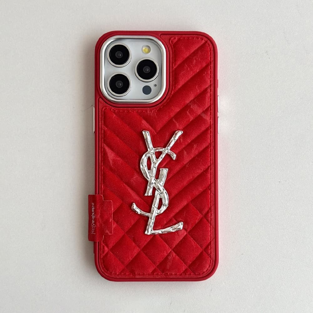 YSL Velvet Finish Silver Logo Quilted Pattern iPhone Case
