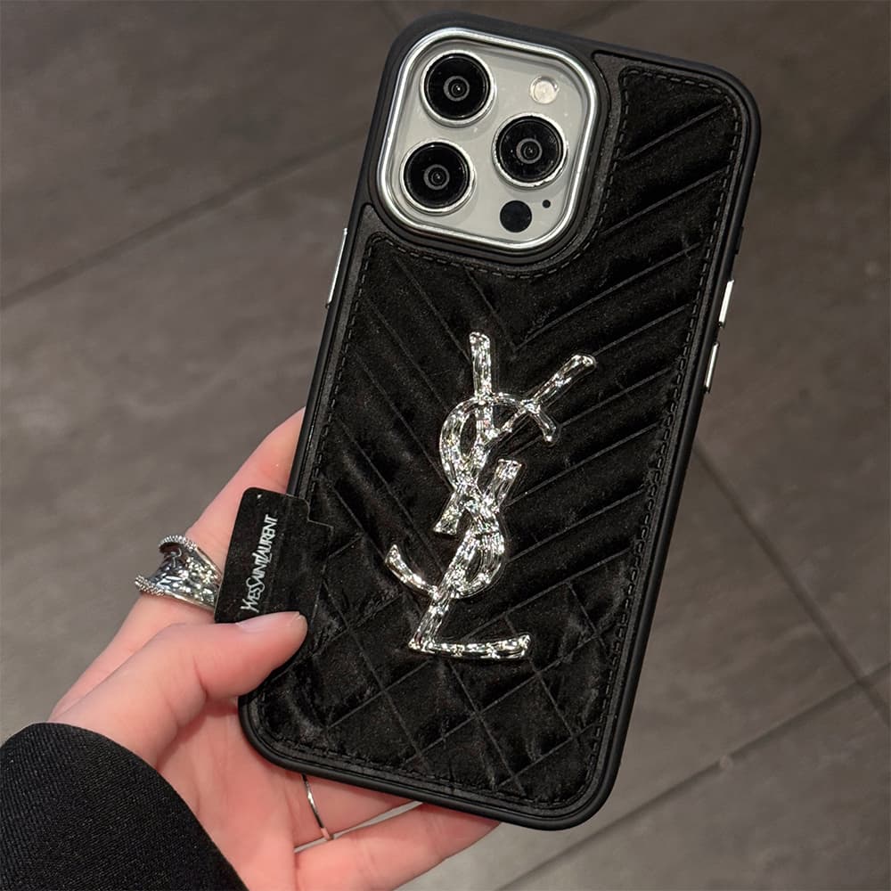 YSL Velvet Finish Silver Logo Quilted Pattern iPhone Case