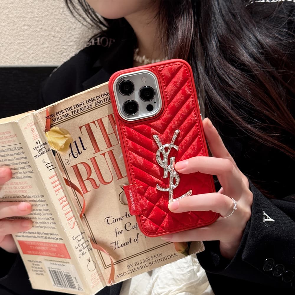 YSL Velvet Finish Silver Logo Quilted Pattern iPhone Case
