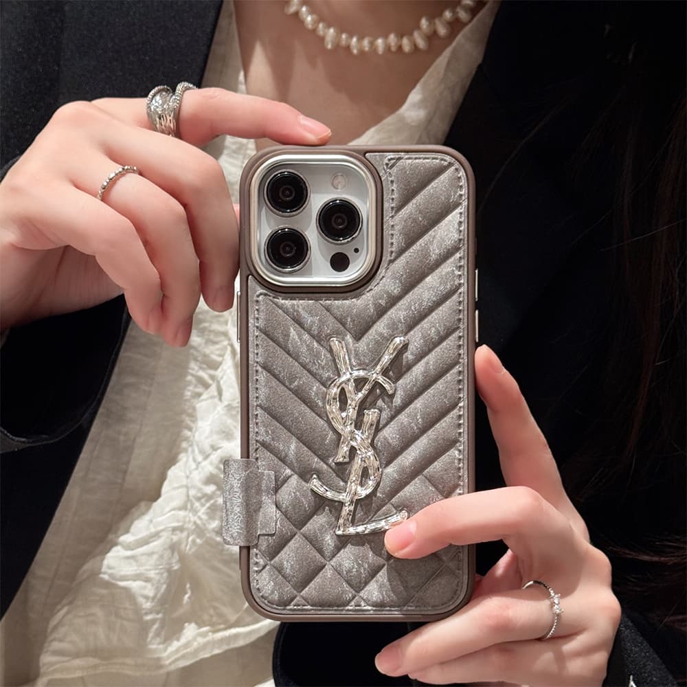 YSL Velvet Finish Silver Logo Quilted Pattern iPhone Case