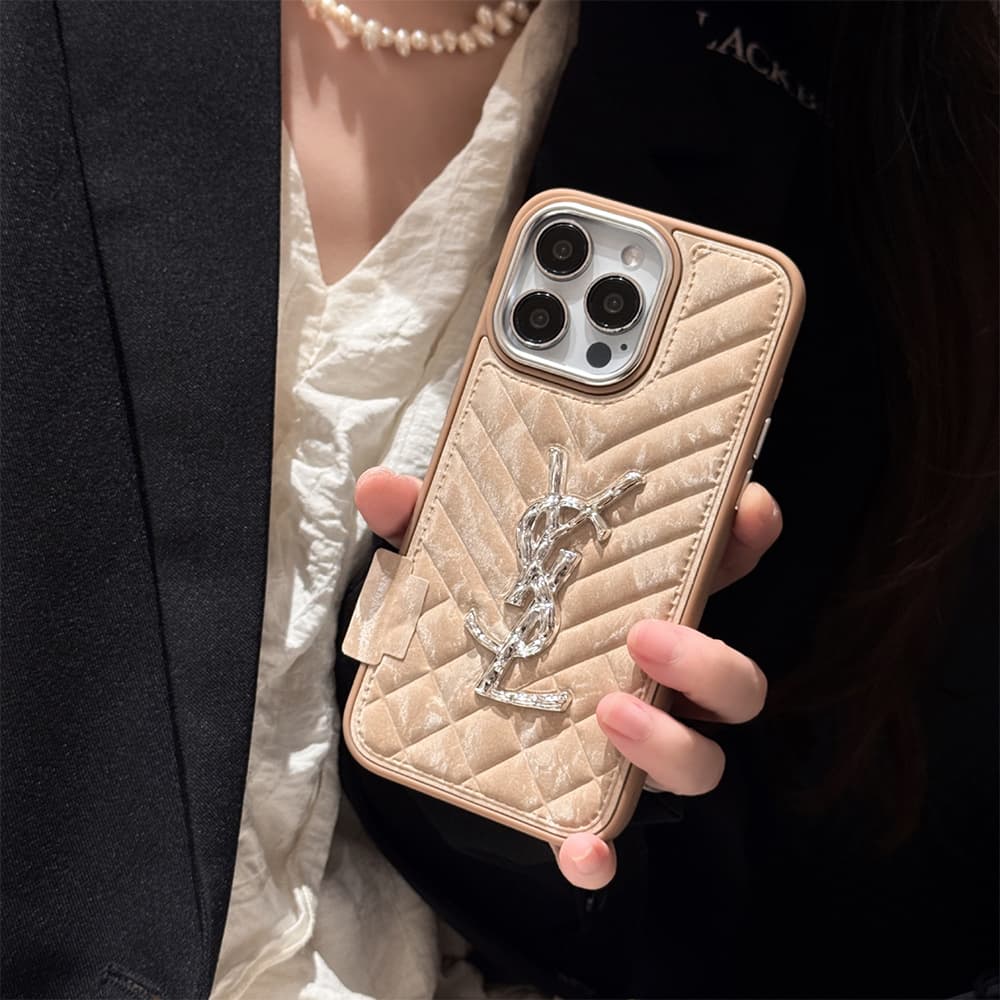 YSL Velvet Finish Silver Logo Quilted Pattern iPhone Case