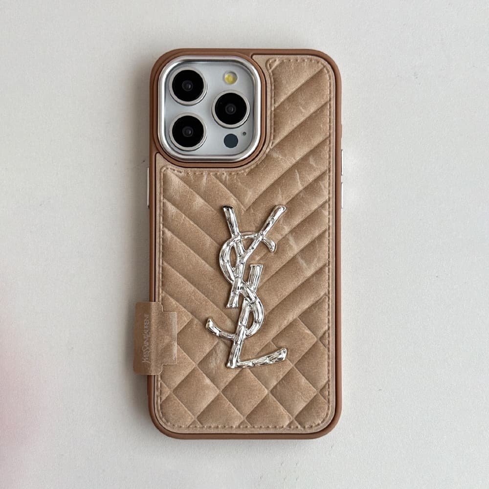 YSL Velvet Finish Silver Logo Quilted Pattern iPhone Case