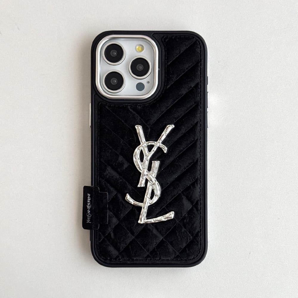 YSL Velvet Finish Silver Logo Quilted Pattern iPhone Case