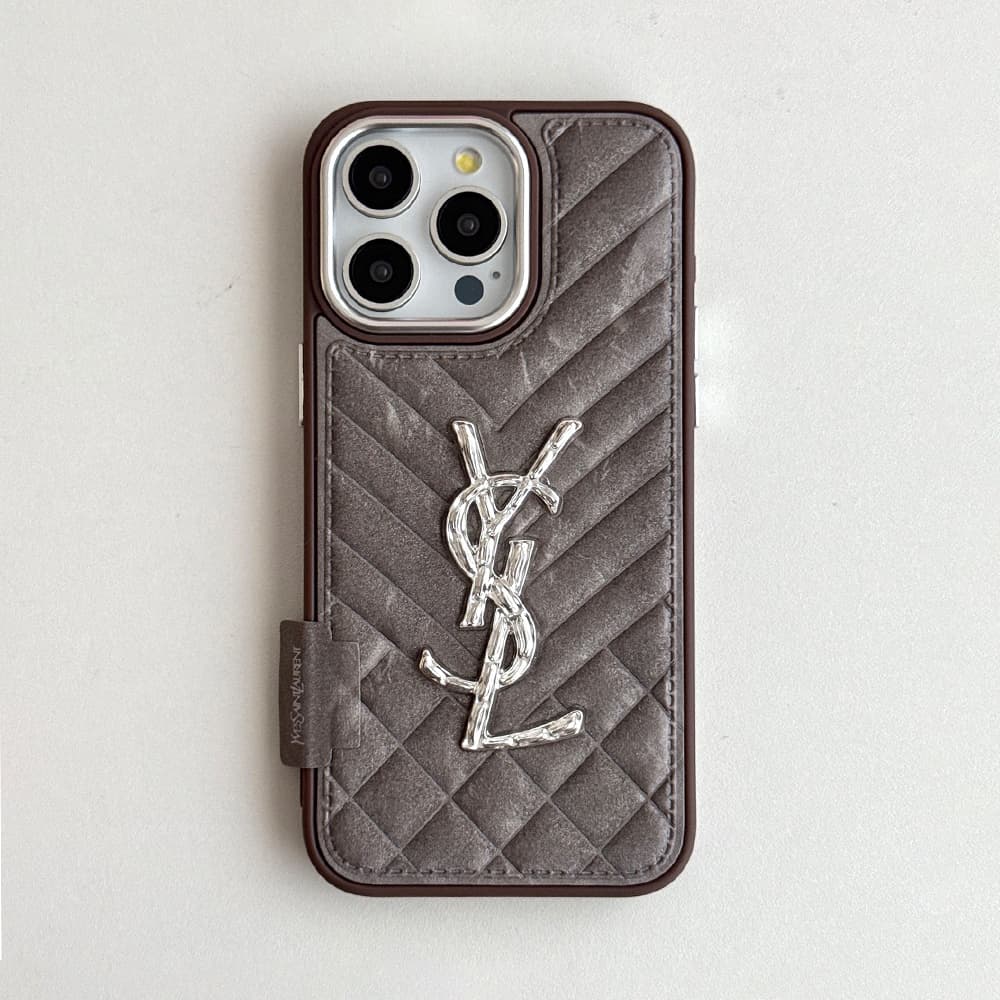 YSL Velvet Finish Silver Logo Quilted Pattern iPhone Case