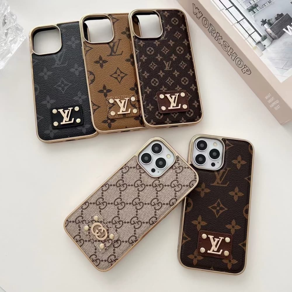 LV & Gucci Metal Logo & Leather Patches & Gold Frame iPhone Case