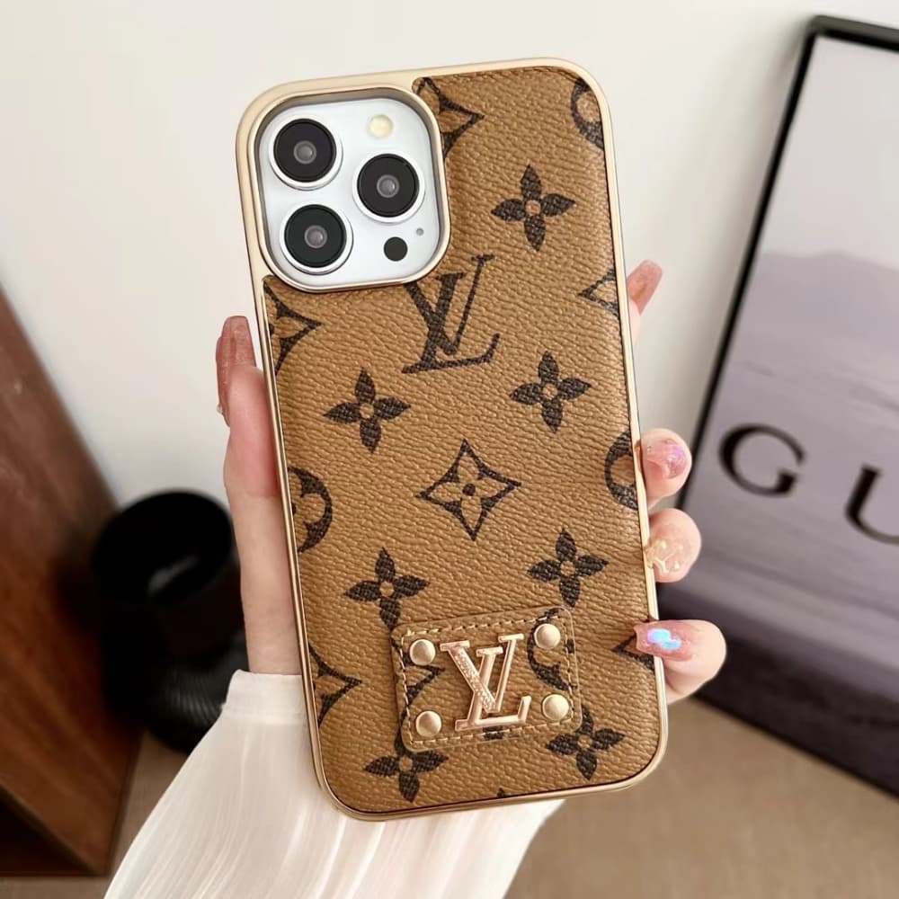 LV & Gucci Metal Logo & Leather Patches & Gold Frame iPhone Case