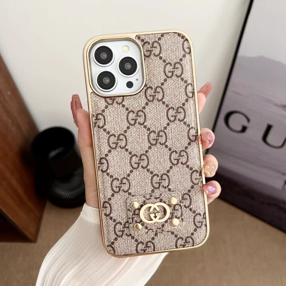 LV & Gucci Metal Logo & Leather Patches & Gold Frame iPhone Case