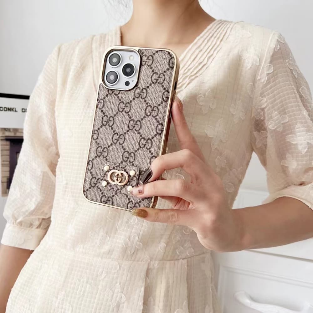 LV & Gucci Metal Logo & Leather Patches & Gold Frame iPhone Case