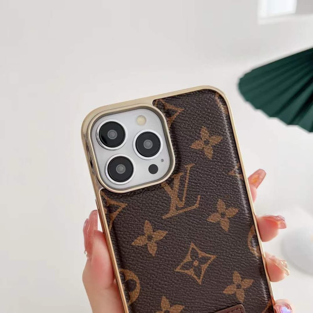 LV & Gucci Metal Logo & Leather Patches & Gold Frame iPhone Case