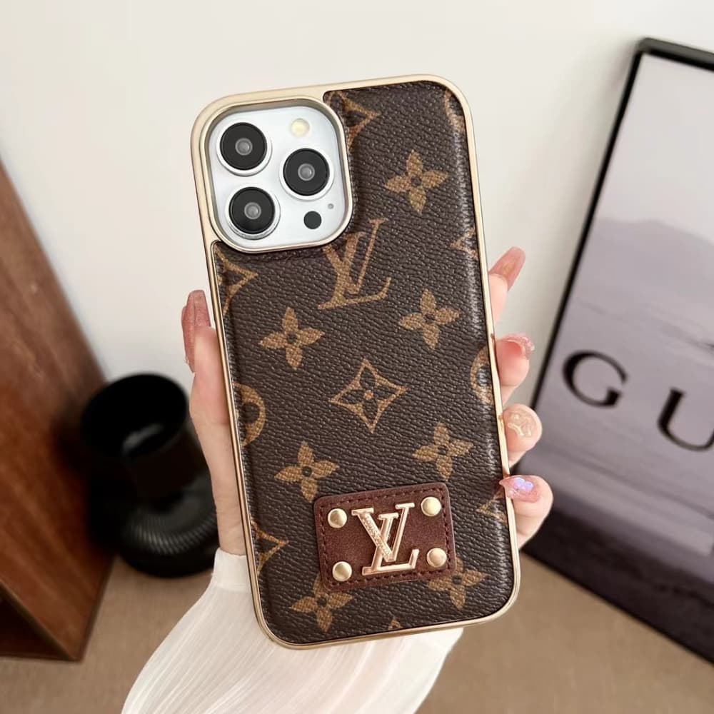 LV & Gucci Metal Logo & Leather Patches & Gold Frame iPhone Case
